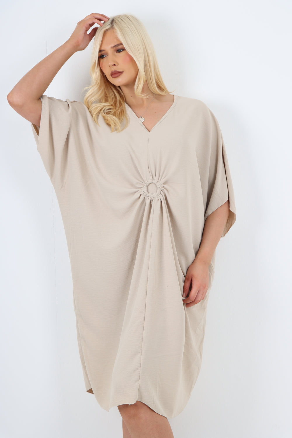 Lime Green Italian Oversized V Neck Ring Detail Kaftan Dress For Women ONE SIZE FITS UK (10-22) - Dropwear