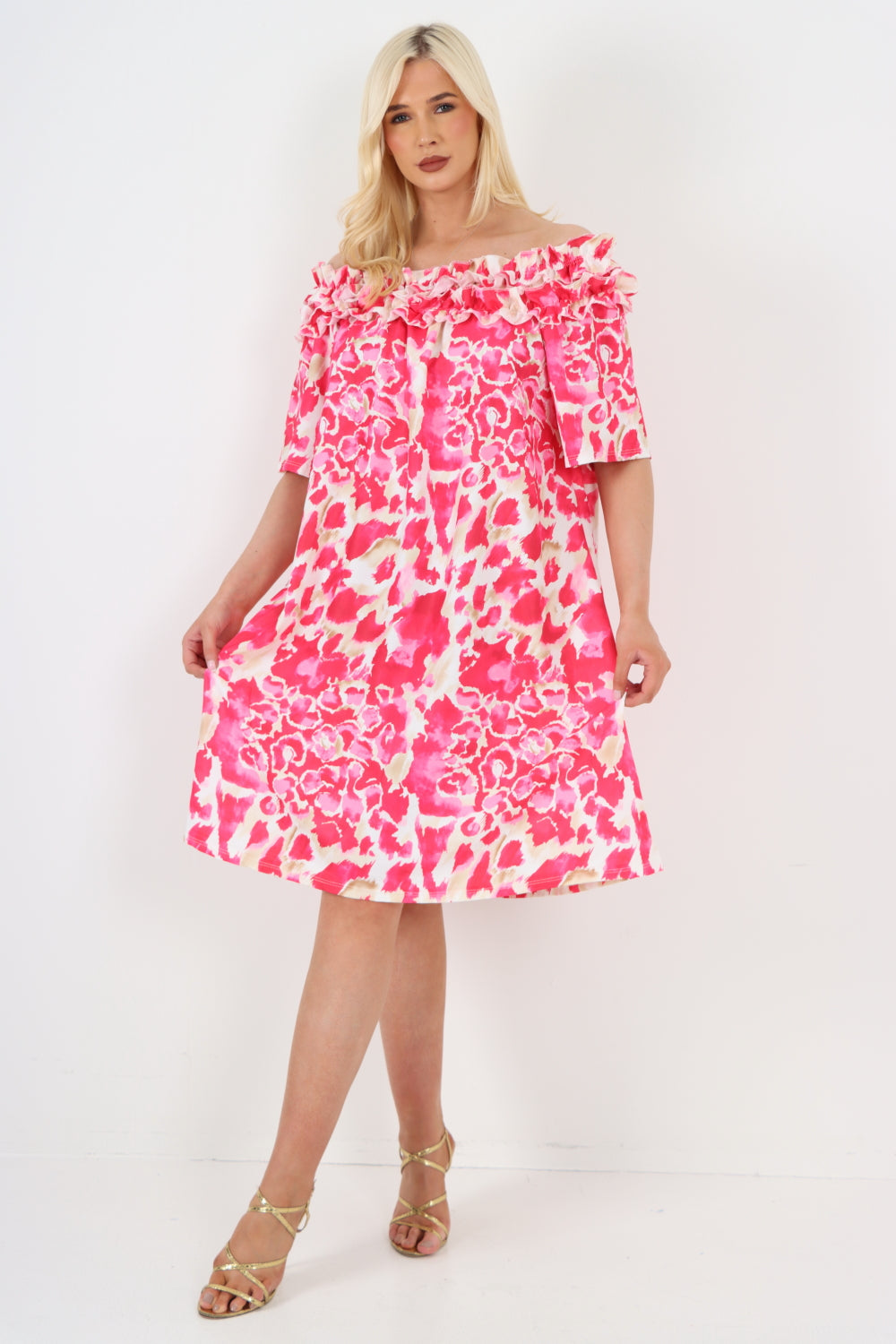 italian off the shoulder animal print short sleeve mini dress For Women  - Dropwear