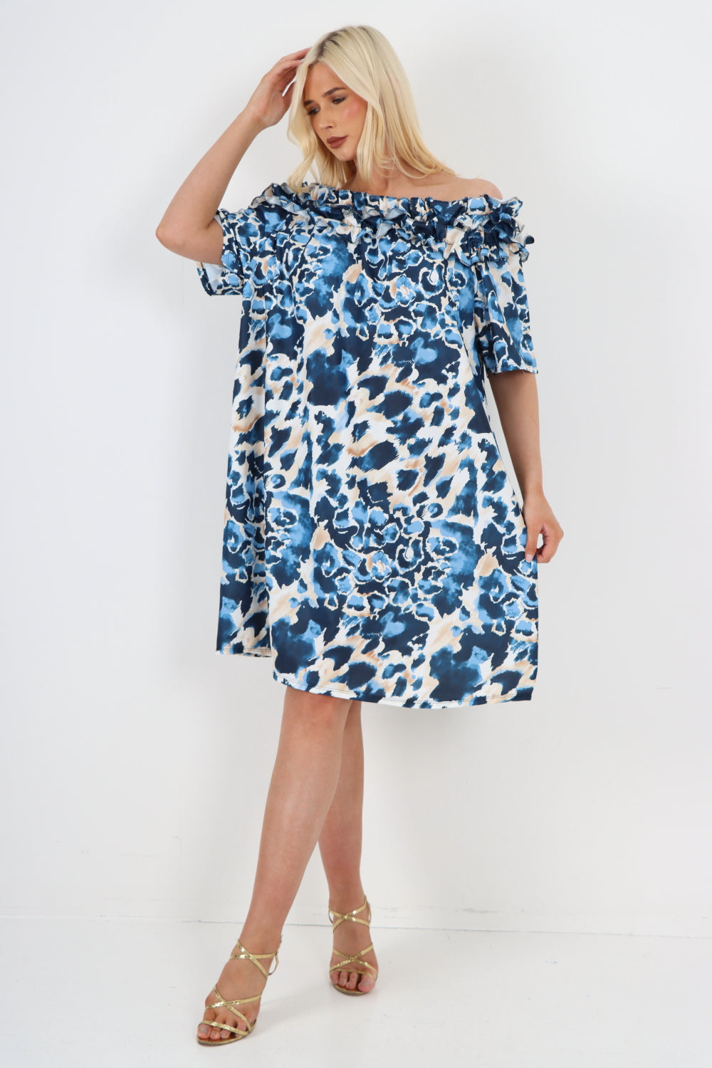 Green italian off the shoulder animal print short sleeve mini dress For Women ONE SIZE TO FIT UK 8-20 - Dropwear