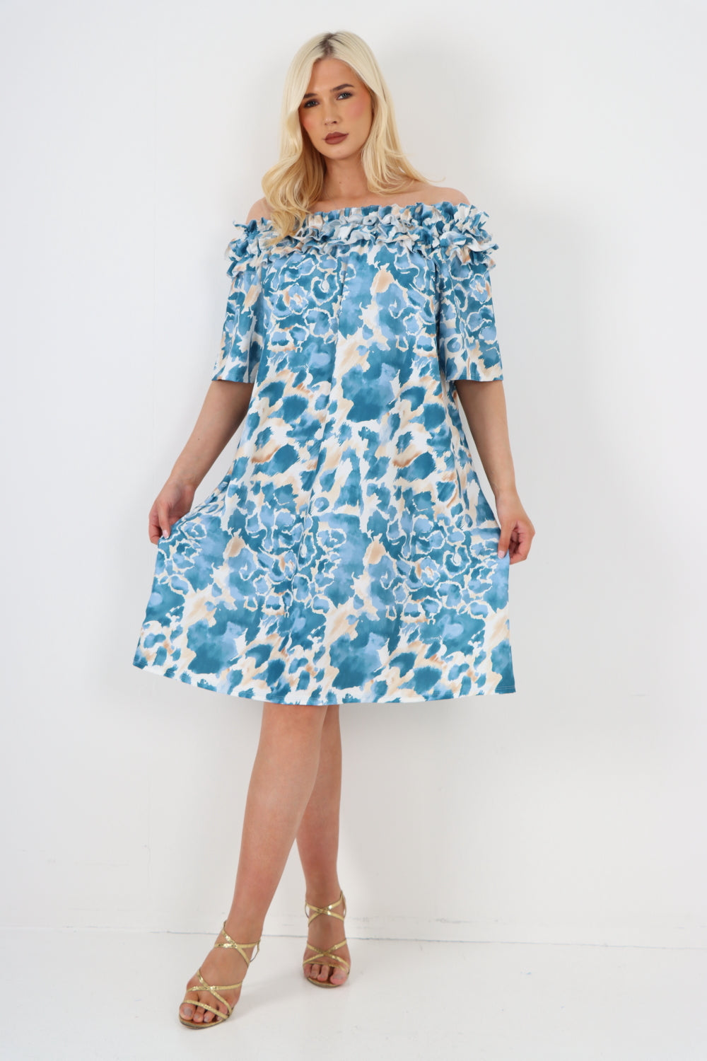 Navy italian off the shoulder animal print short sleeve mini dress For Women ONE SIZE TO FIT UK 8-20 - Dropwear