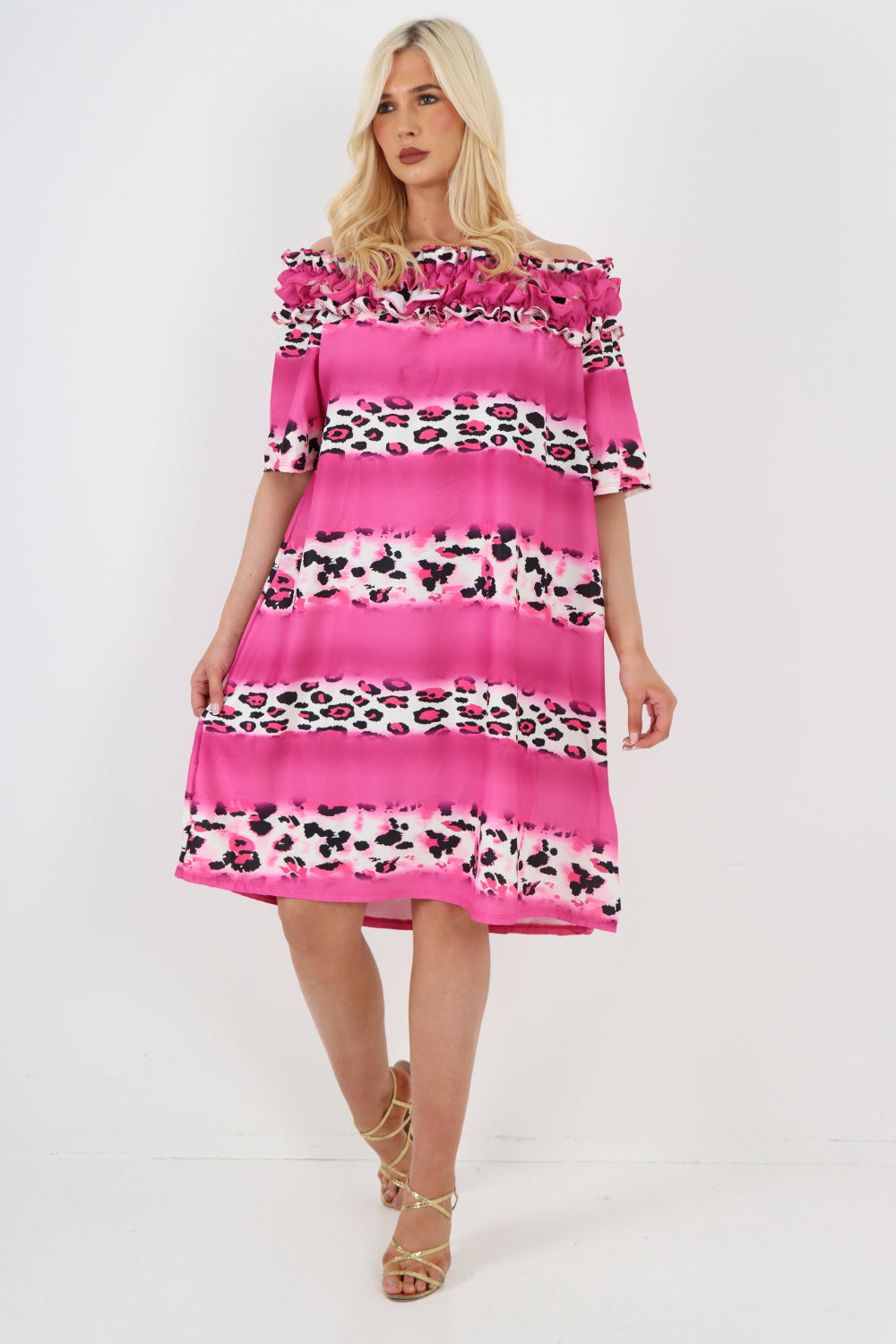 italian off the shoulder leopard printed short sleeve mini dress For Women  - Dropwear