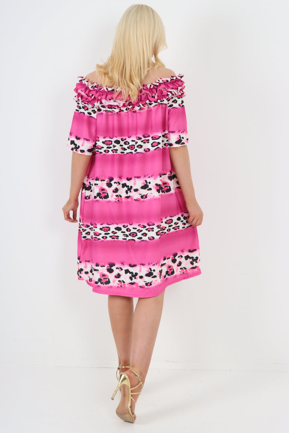 italian off the shoulder leopard printed short sleeve mini dress For Women  - Dropwear