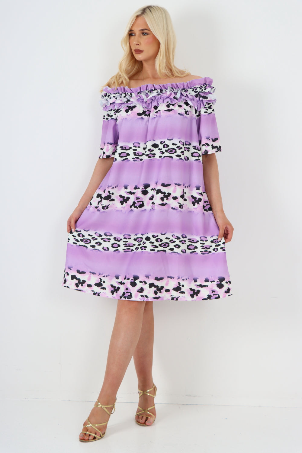 italian off the shoulder leopard printed short sleeve mini dress For Women  - Dropwear
