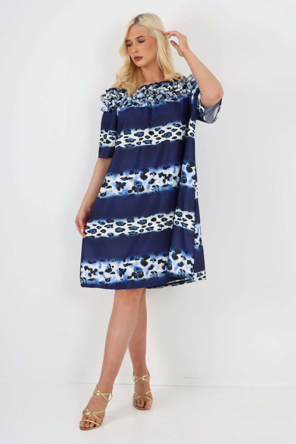 italian off the shoulder leopard printed short sleeve mini dress For Women  - Dropwear