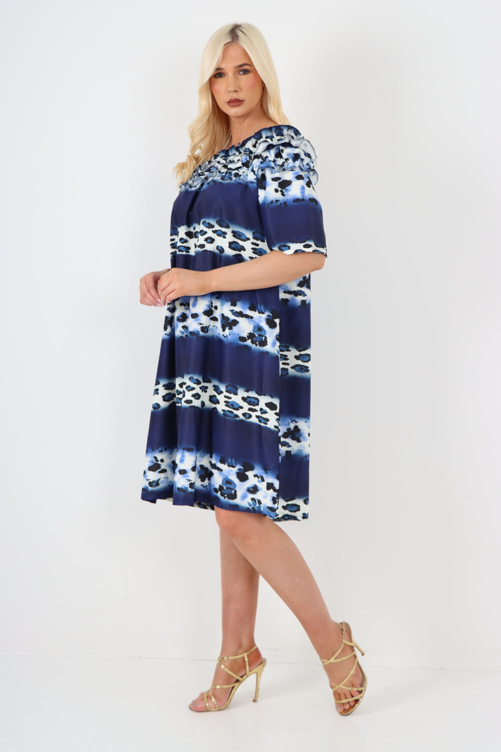 italian off the shoulder leopard printed short sleeve mini dress For Women  - Dropwear