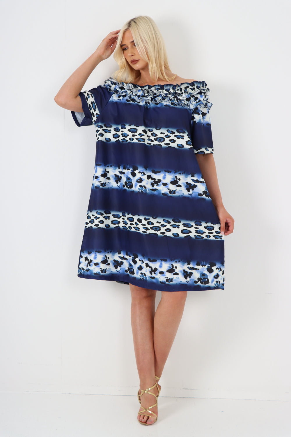 italian off the shoulder leopard printed short sleeve mini dress For Women  - Dropwear