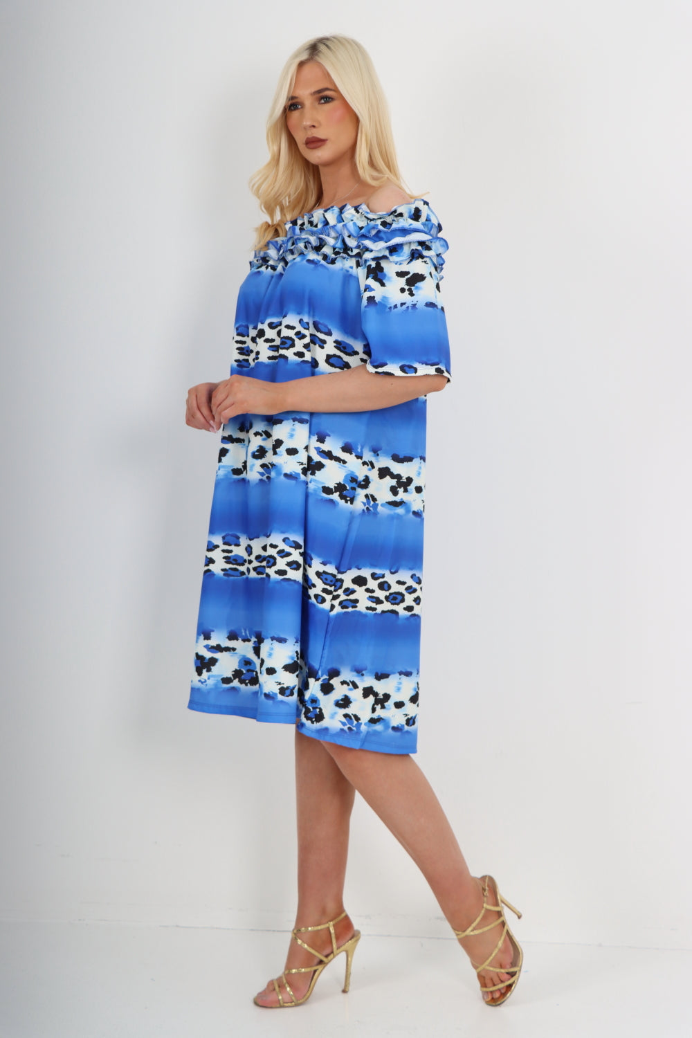 italian off the shoulder leopard printed short sleeve mini dress For Women  - Dropwear