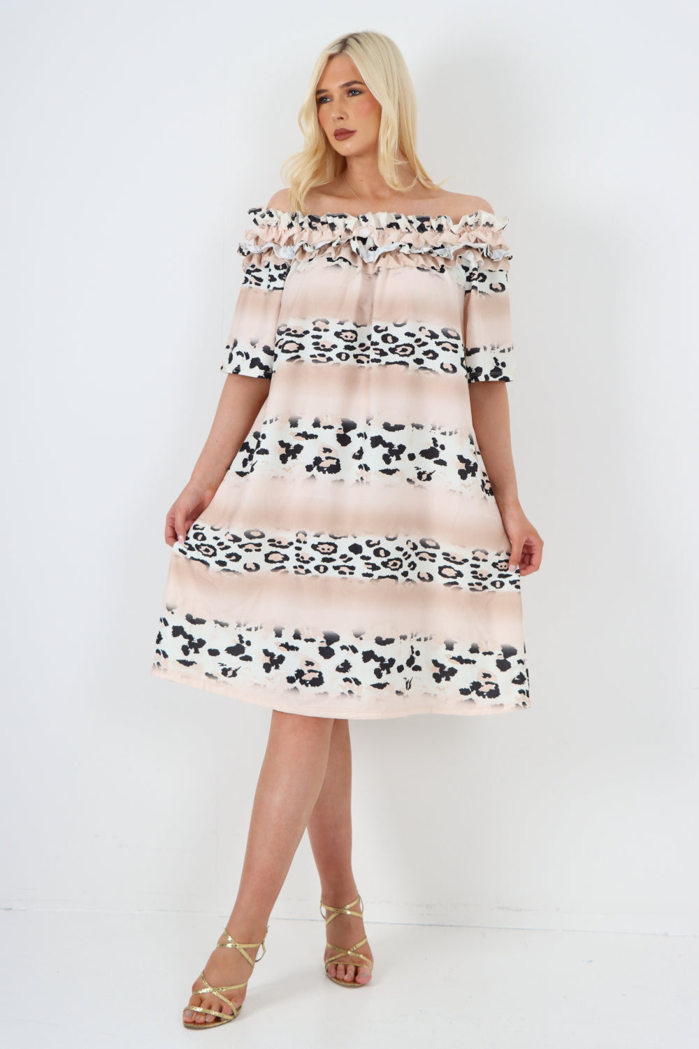 italian off the shoulder leopard printed short sleeve mini dress For Women  - Dropwear