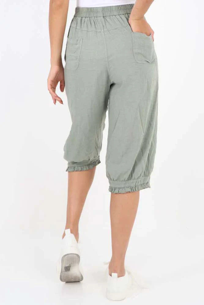 Khaki Italian Frill Hem 3/4 Linen Jogger For Women 8 - Dropwear