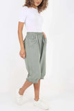 Khaki Italian Frill Hem 3/4 Linen Jogger For Women 10 - Dropwear