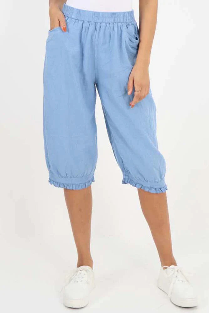 Khaki Italian Frill Hem 3/4 Linen Jogger For Women 12 - Dropwear