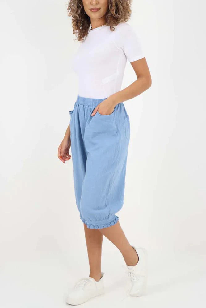 Khaki Italian Frill Hem 3/4 Linen Jogger For Women 14 - Dropwear