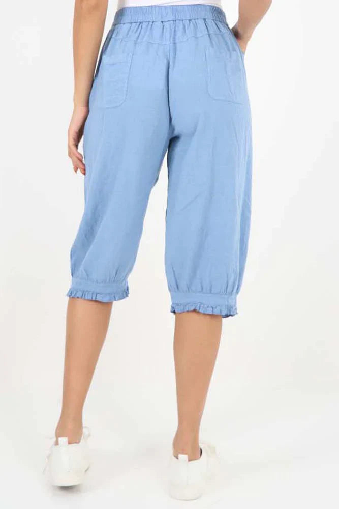 Light Denim Italian Frill Hem 3/4 Linen Jogger For Women 8 - Dropwear