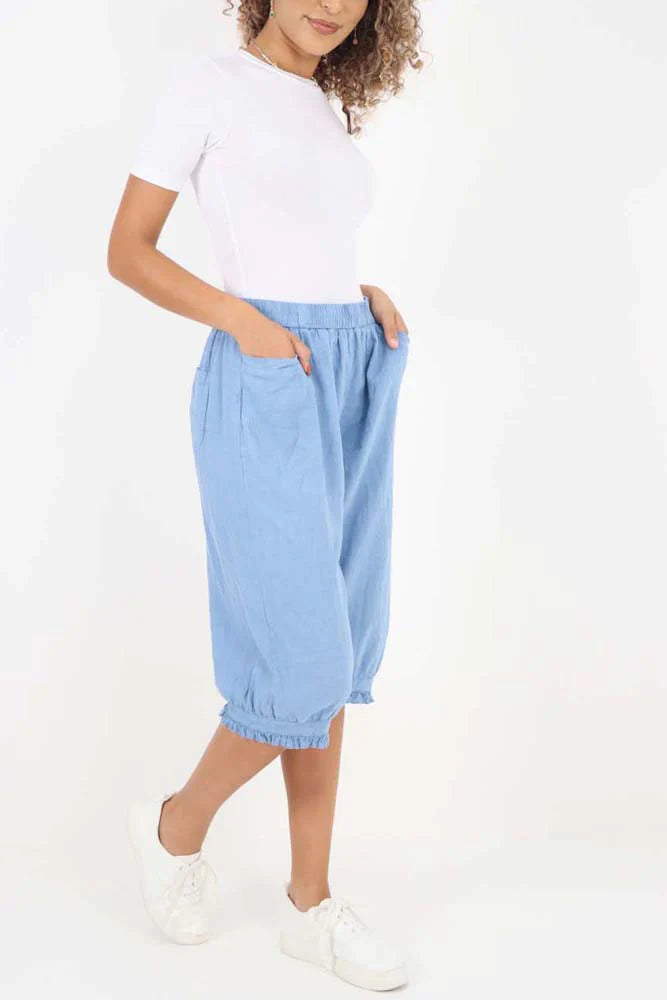 Khaki Italian Frill Hem 3/4 Linen Jogger For Women 16 - Dropwear