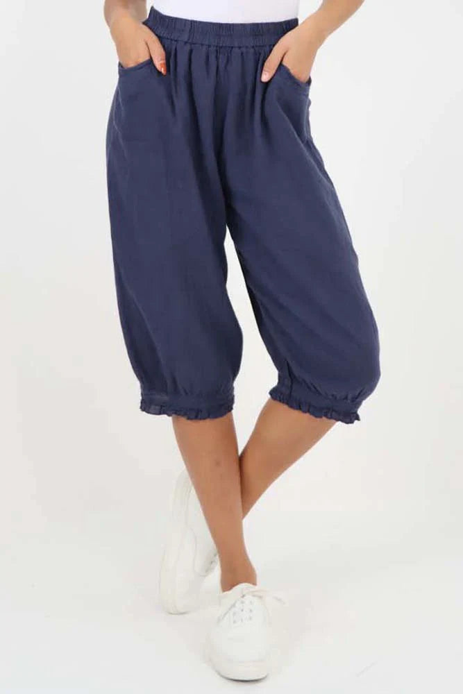 Dark Denim Italian Frill Hem 3/4 Linen Jogger For Women 8 - Dropwear
