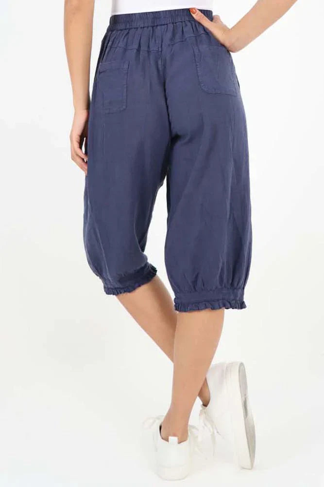 Dark Denim Italian Frill Hem 3/4 Linen Jogger For Women 12 - Dropwear
