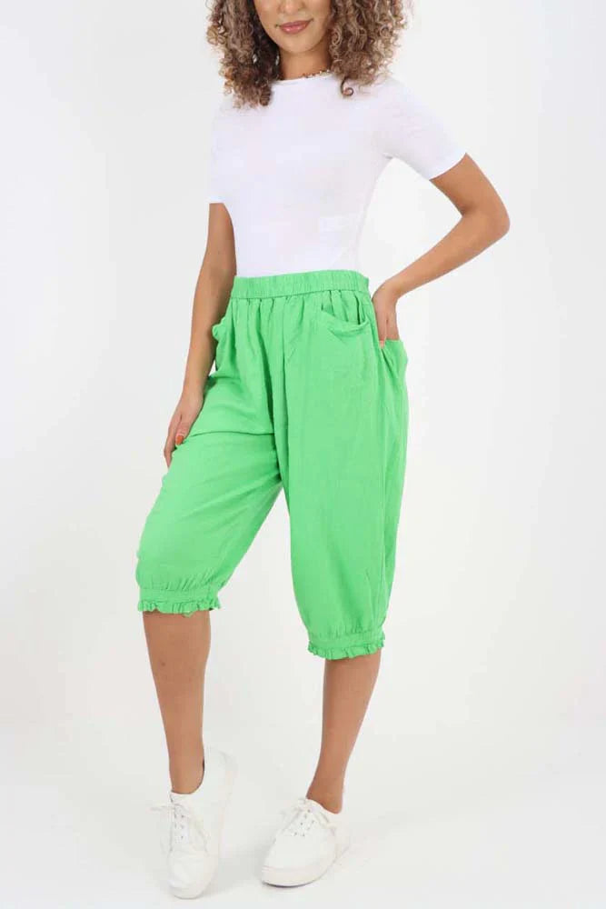Light Denim Italian Frill Hem 3/4 Linen Jogger For Women 12 - Dropwear