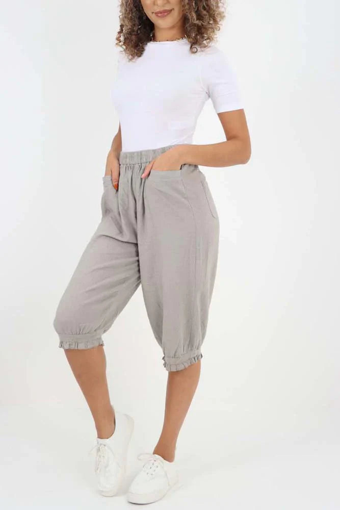 Sky Blue Italian Frill Hem 3/4 Linen Jogger For Women 8 - Dropwear