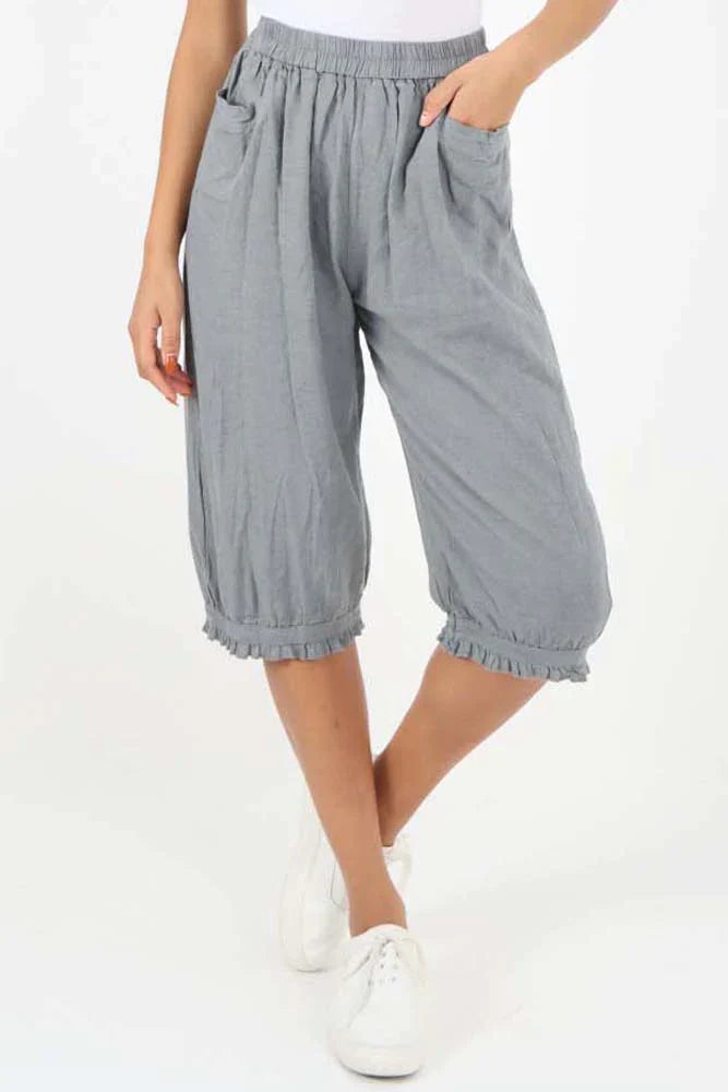Dark Denim Italian Frill Hem 3/4 Linen Jogger For Women 16 - Dropwear