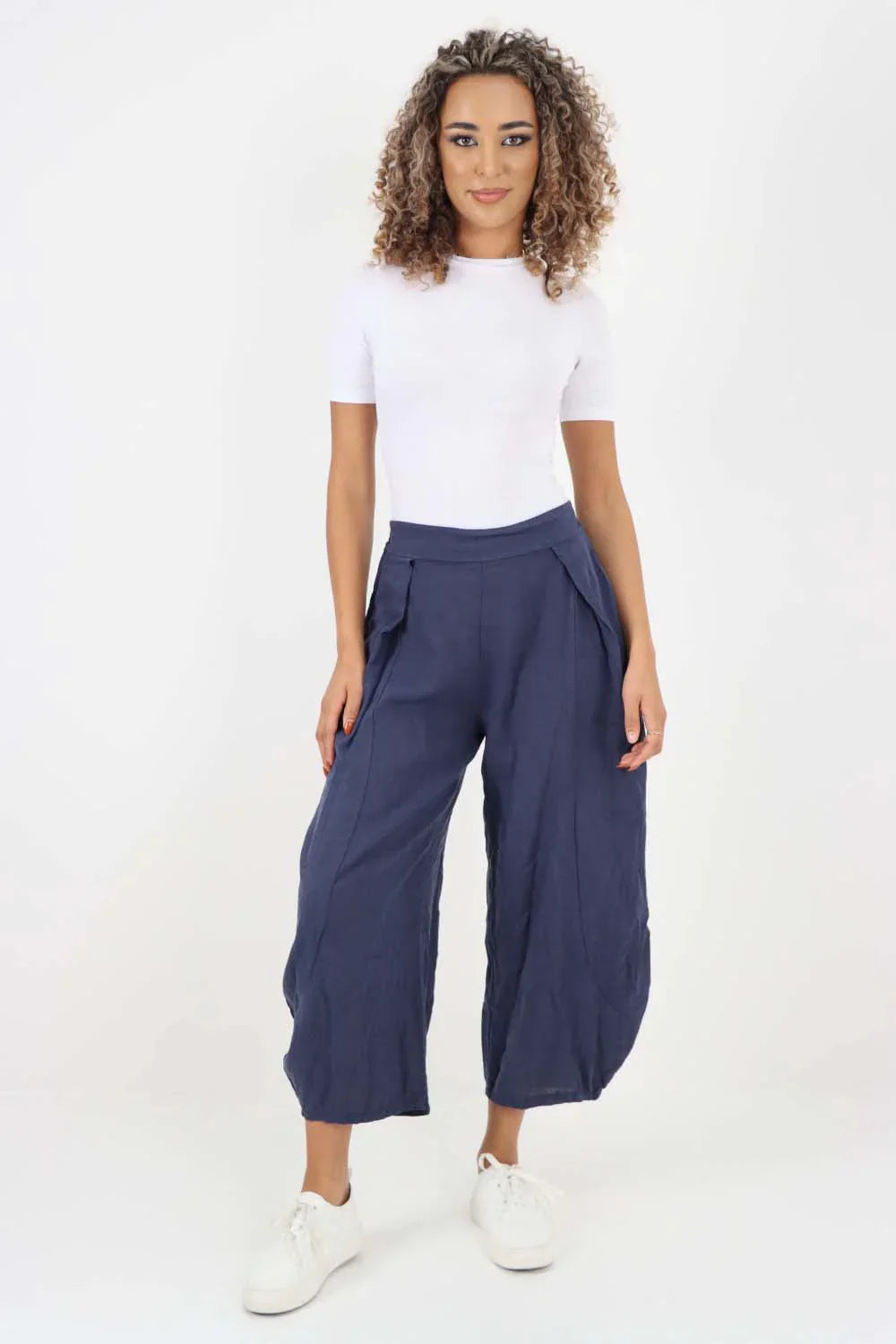Dark Denim Italian Plain Layered 3/4 Linen Jogger For Women 10 - Dropwear