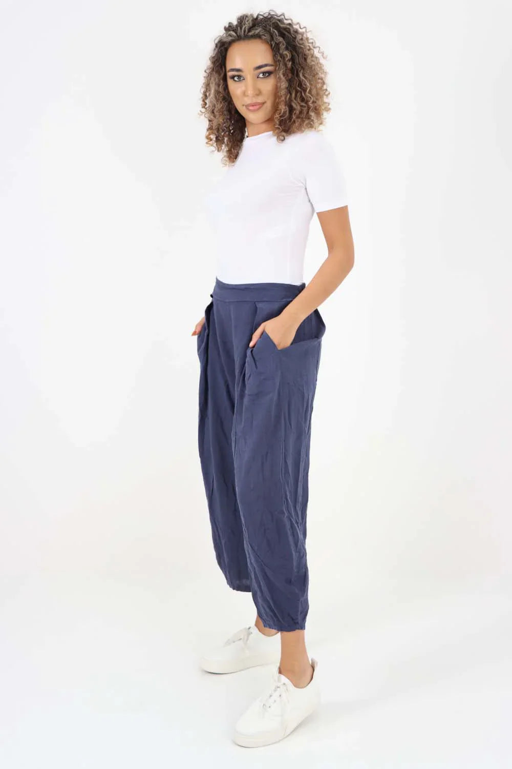 Dark Denim Italian Plain Layered 3/4 Linen Jogger For Women 14 - Dropwear