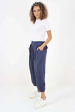 Dark Denim Italian Plain Layered 3/4 Linen Jogger For Women 14 - Dropwear