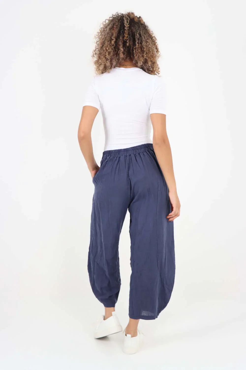 Dark Denim Italian Plain Layered 3/4 Linen Jogger For Women 12 - Dropwear