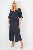 italian polka dot print shirred elasticated waist v neck jumpsuit For Women  - Dropwear