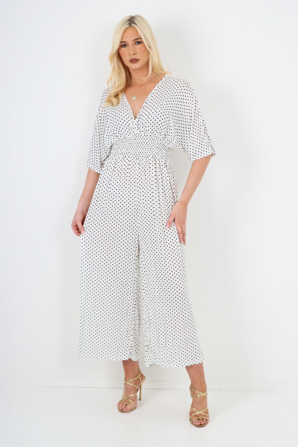 italian polka dot print shirred elasticated waist v neck jumpsuit For Women  - Dropwear