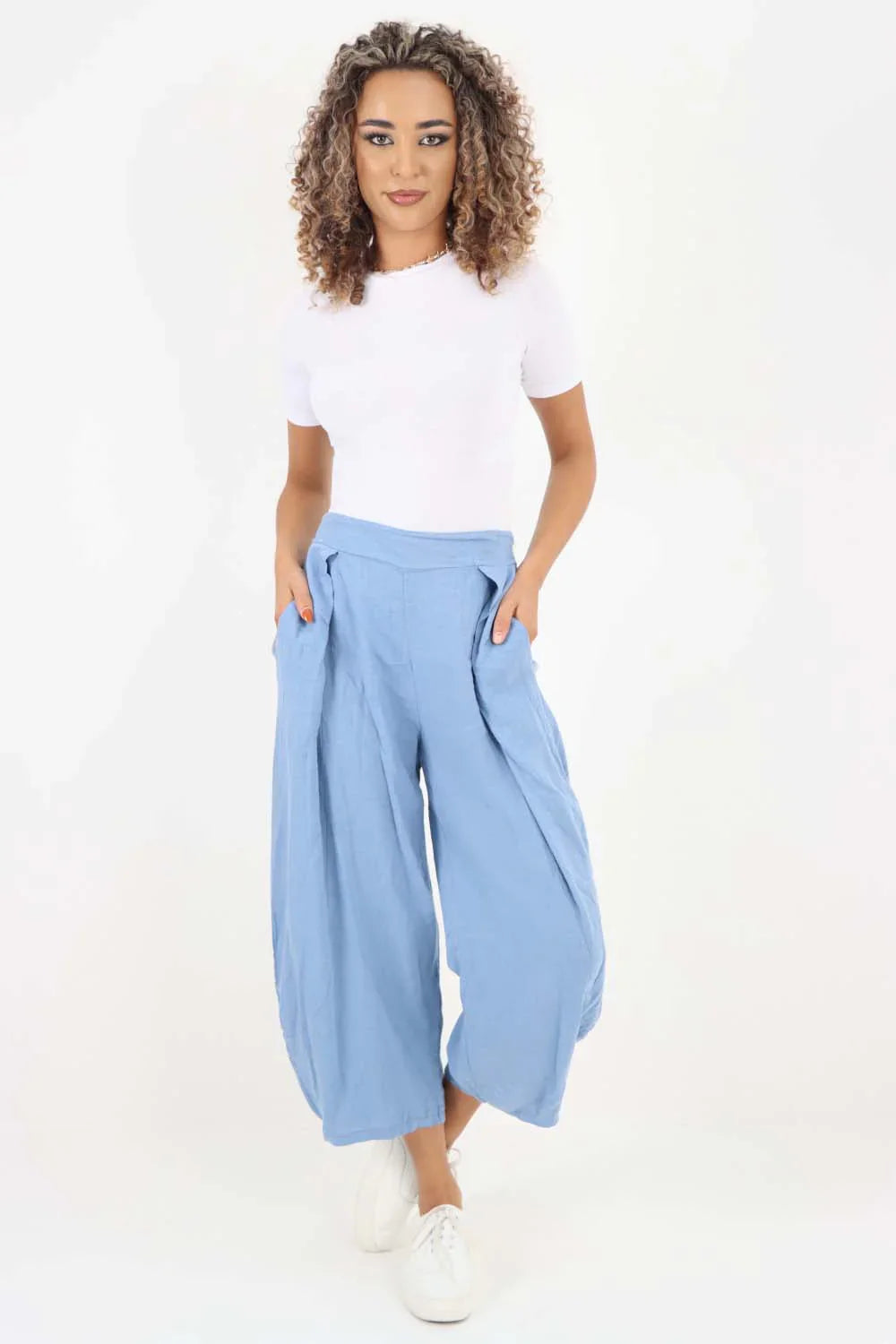 Light Denim Italian Plain Layered 3/4 Linen Jogger For Women 16 - Dropwear