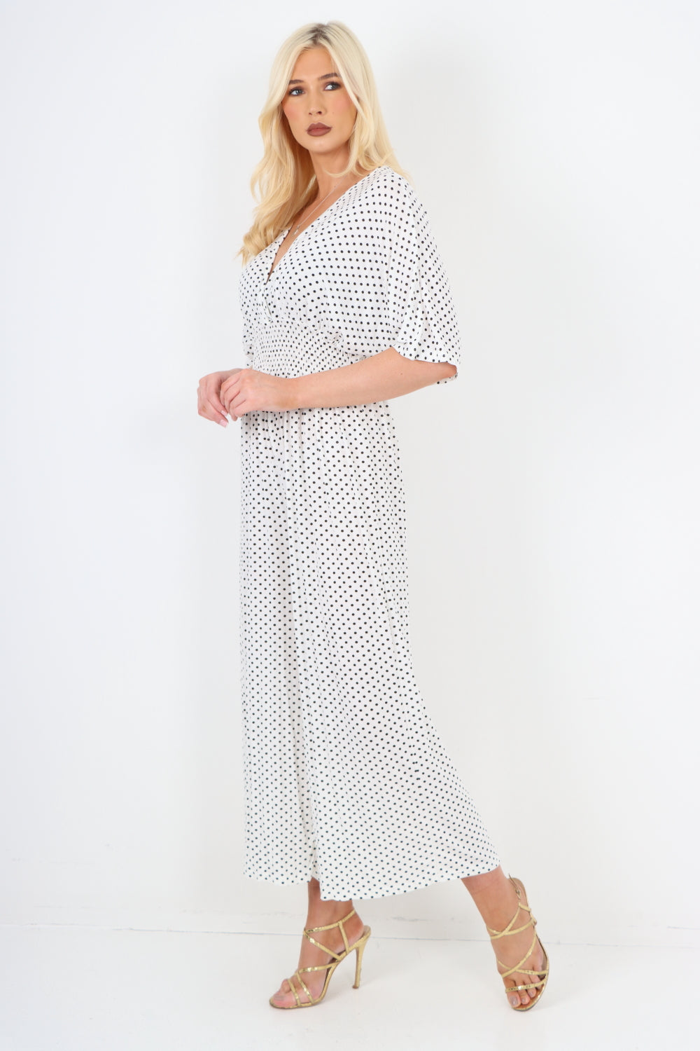 italian polka dot print shirred elasticated waist v neck jumpsuit For Women  - Dropwear