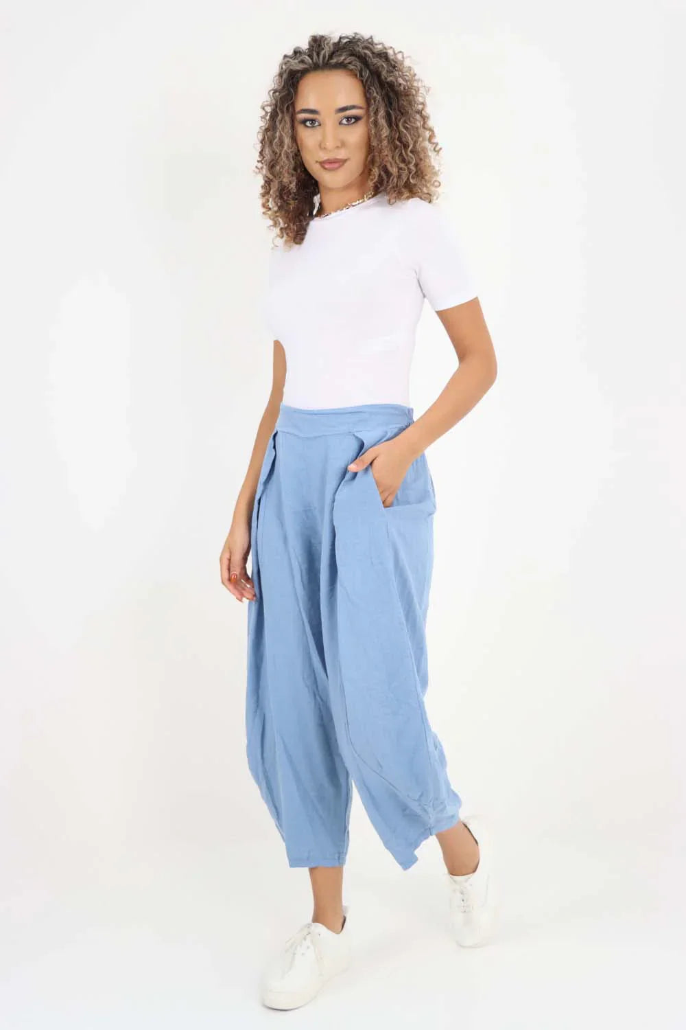 Light Denim Italian Plain Layered 3/4 Linen Jogger For Women 14 - Dropwear