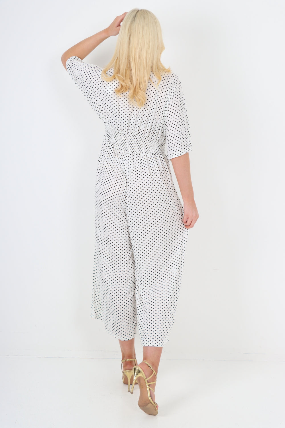 italian polka dot print shirred elasticated waist v neck jumpsuit For Women  - Dropwear