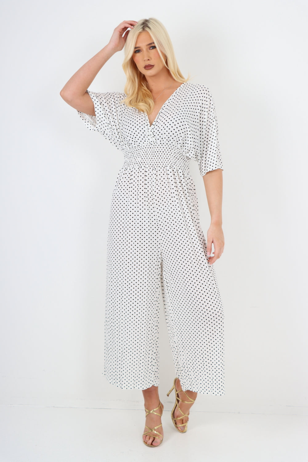italian polka dot print shirred elasticated waist v neck jumpsuit For Women  - Dropwear