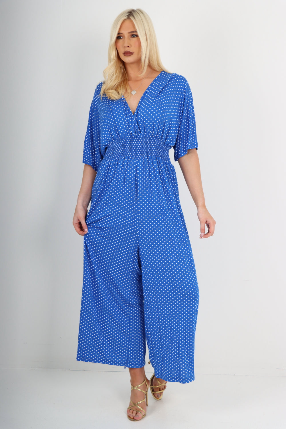 Black italian polka dot print shirred elasticated waist v neck jumpsuit For Women ONE SIZE TO FIT UK 8-18 - Dropwear