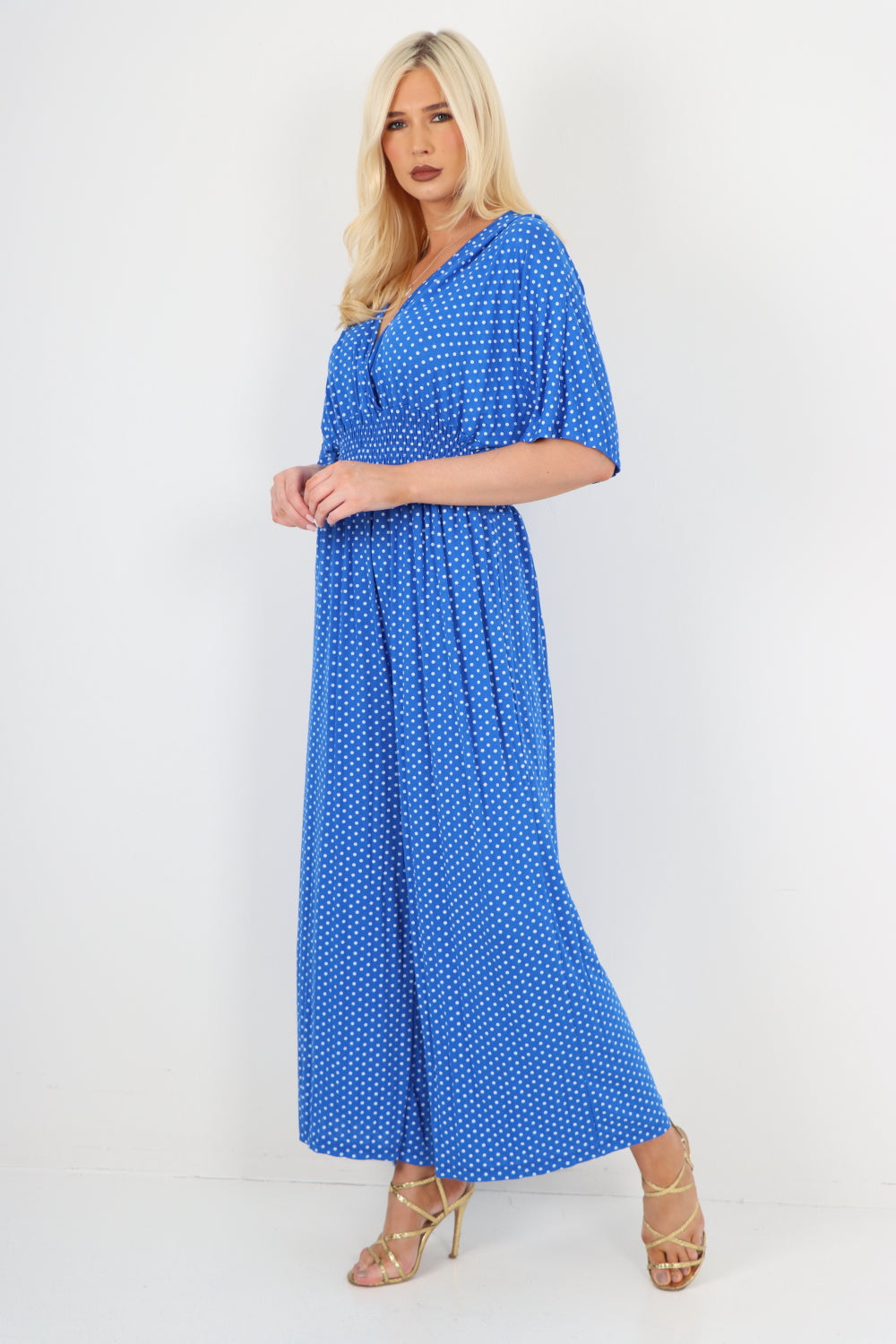 Denim italian polka dot print shirred elasticated waist v neck jumpsuit For Women ONE SIZE TO FIT UK 8-18 - Dropwear