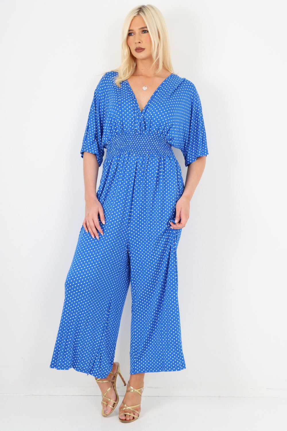 Khaki italian polka dot print shirred elasticated waist v neck jumpsuit For Women ONE SIZE TO FIT UK 8-18 - Dropwear