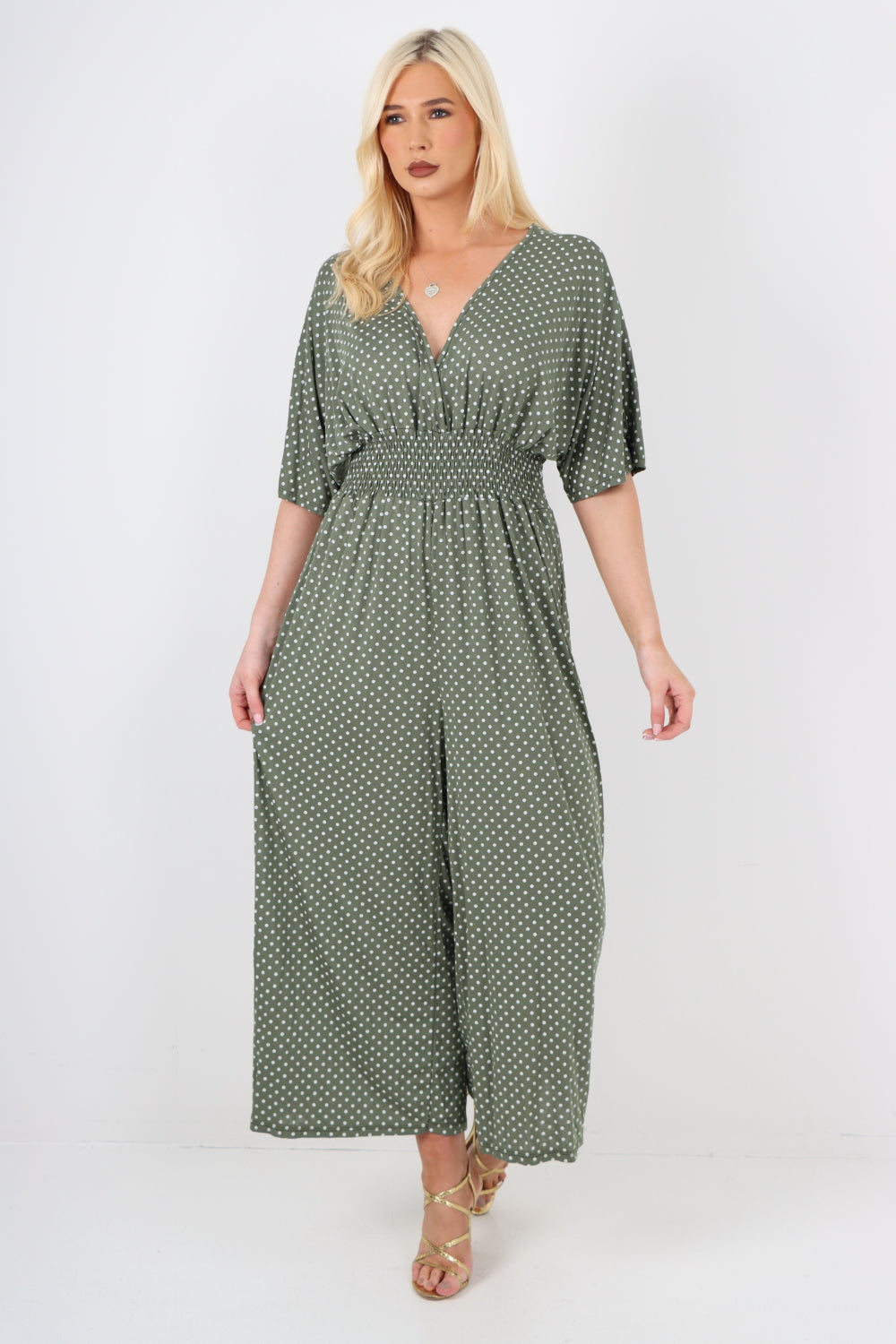 italian polka dot print shirred elasticated waist v neck jumpsuit For Women  - Dropwear