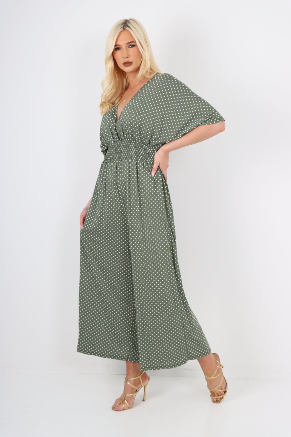 italian polka dot print shirred elasticated waist v neck jumpsuit For Women  - Dropwear