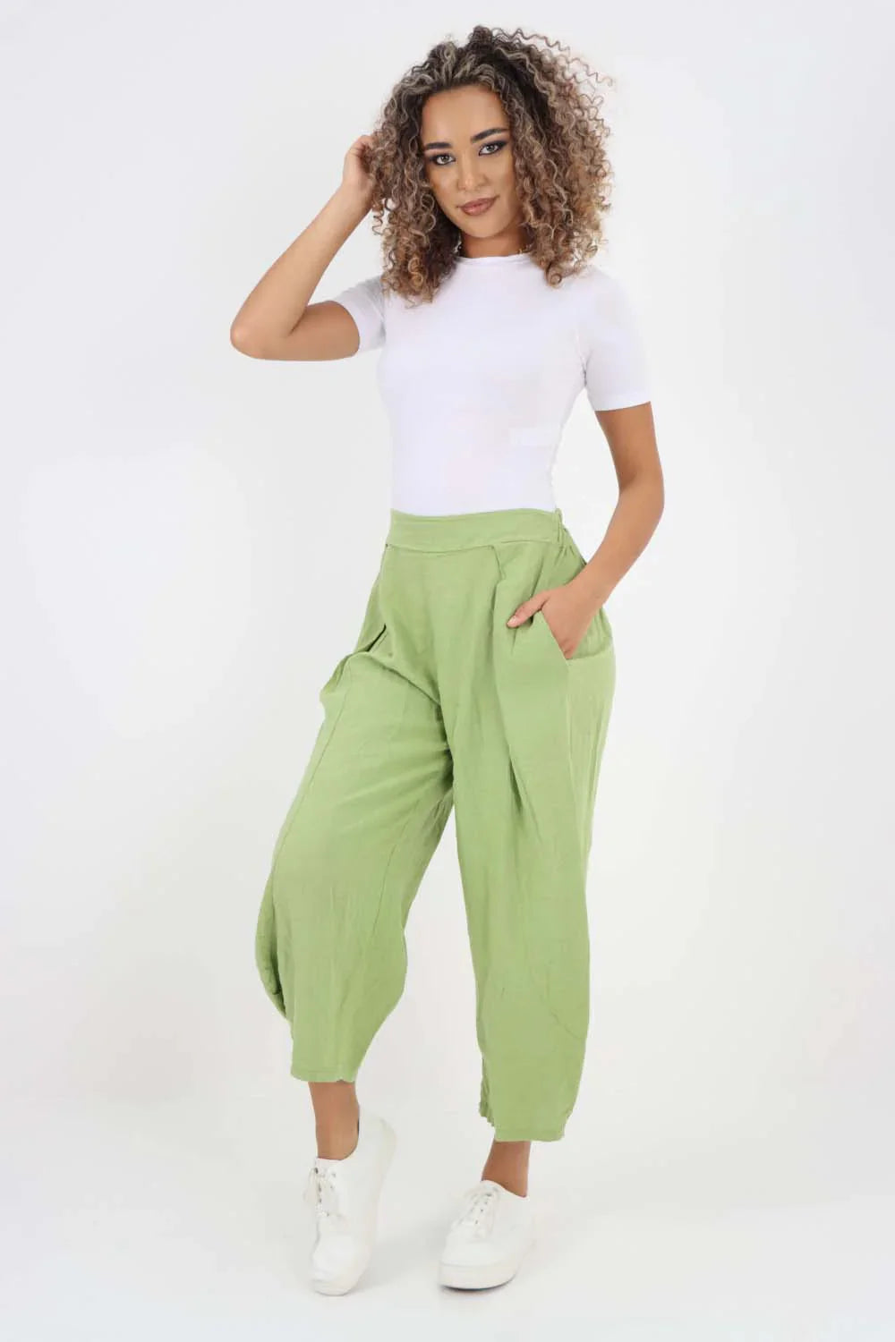Mint Green Italian Plain Layered 3/4 Linen Jogger For Women 16 - Dropwear