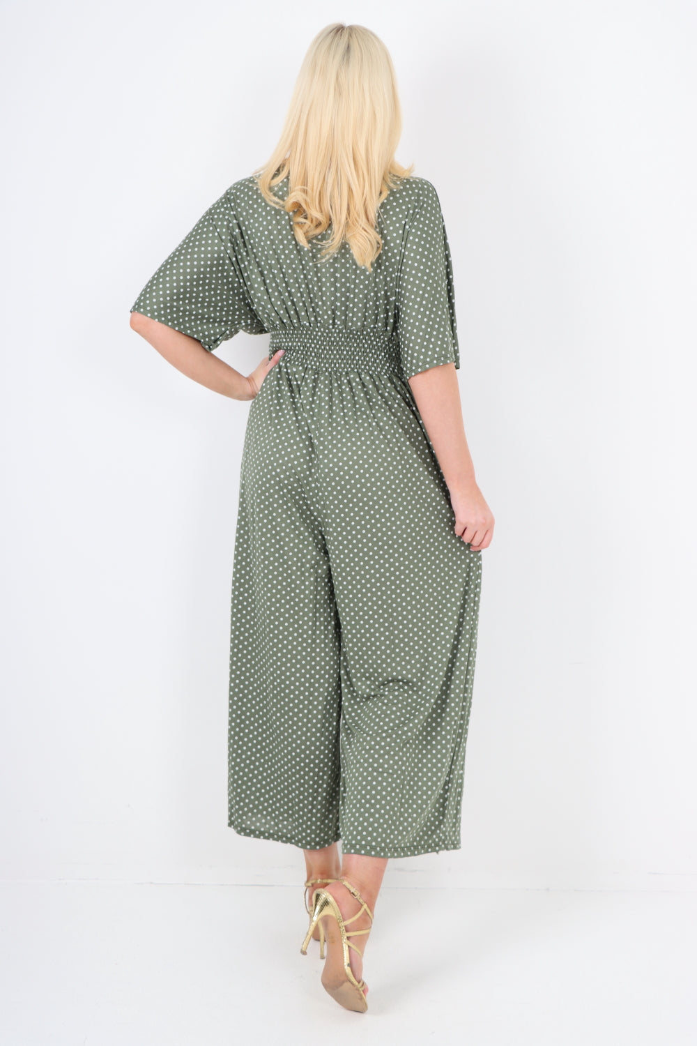 italian polka dot print shirred elasticated waist v neck jumpsuit For Women  - Dropwear