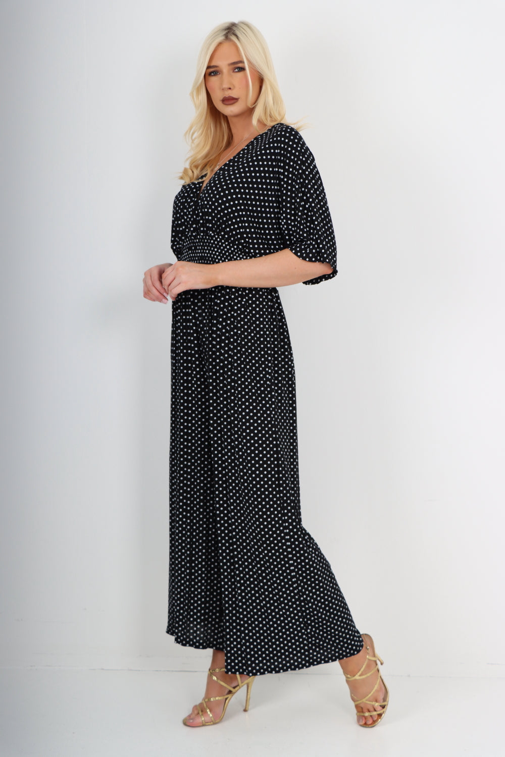 Red italian polka dot print shirred elasticated waist v neck jumpsuit For Women ONE SIZE TO FIT UK 8-18 - Dropwear