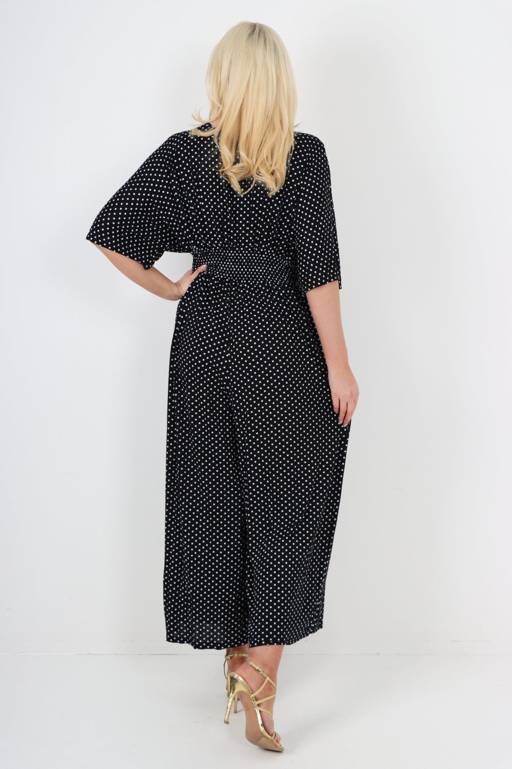 White italian polka dot print shirred elasticated waist v neck jumpsuit For Women ONE SIZE TO FIT UK 8-18 - Dropwear