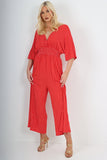 italian polka dot print shirred elasticated waist v neck jumpsuit For Women  - Dropwear