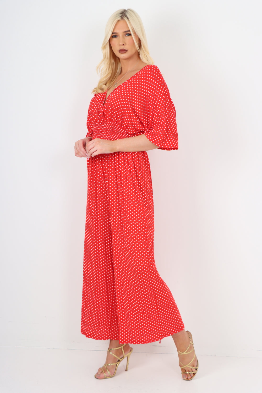 italian polka dot print shirred elasticated waist v neck jumpsuit For Women  - Dropwear
