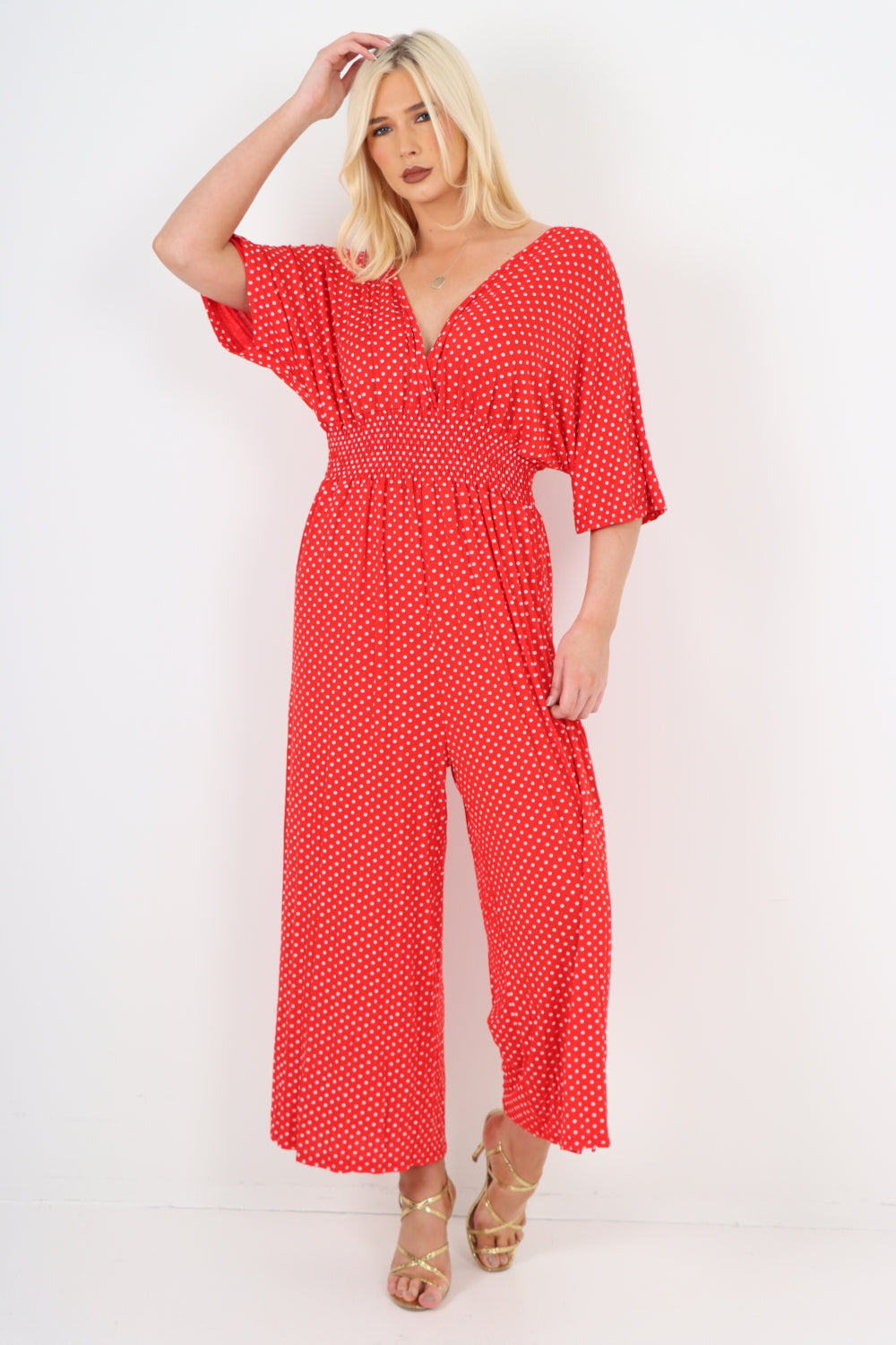 italian polka dot print shirred elasticated waist v neck jumpsuit For Women  - Dropwear