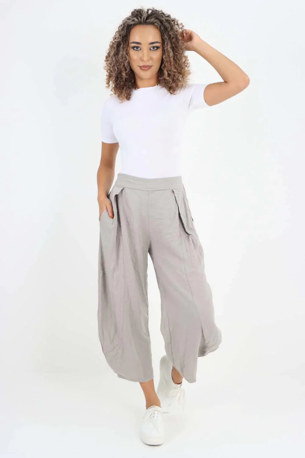 White Italian Plain Layered 3/4 Linen Jogger For Women 12 - Dropwear
