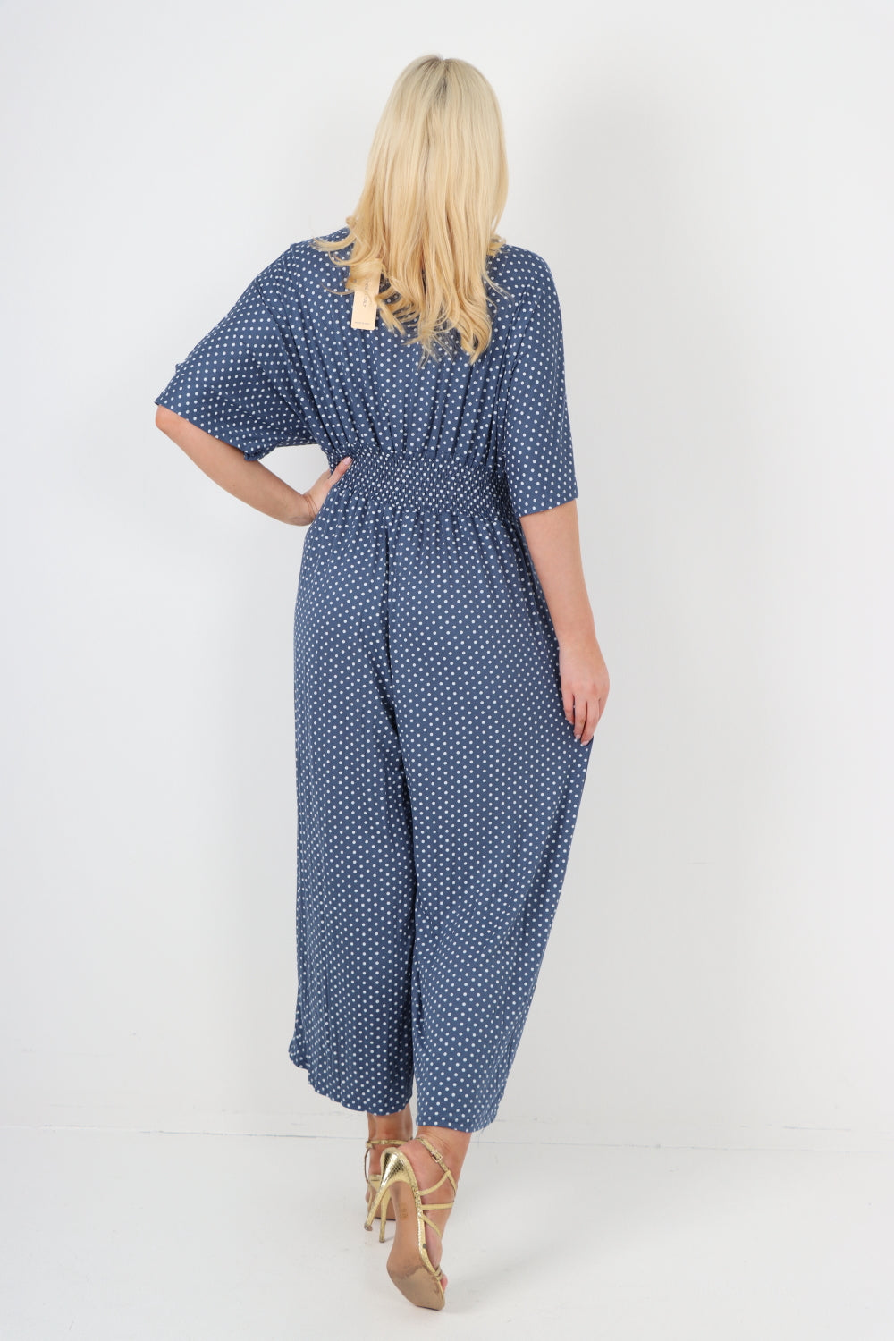 italian polka dot print shirred elasticated waist v neck jumpsuit For Women  - Dropwear