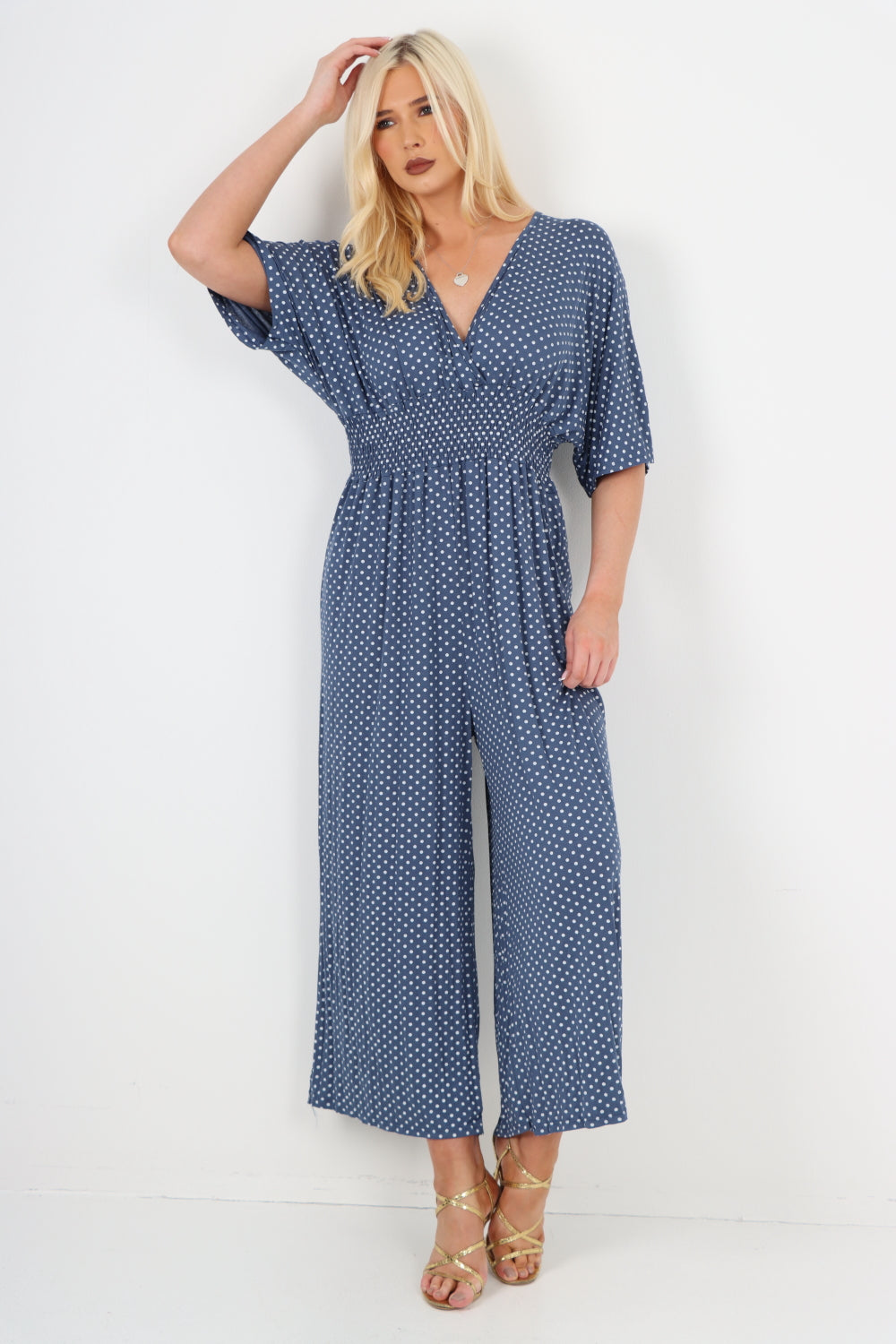 italian polka dot print shirred elasticated waist v neck jumpsuit For Women  - Dropwear