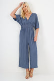 italian polka dot print shirred elasticated waist v neck jumpsuit For Women  - Dropwear